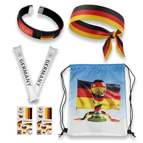 KINFAVOU Conjunto de bolsa de cordão com bandeira da Alemanha, 5 peças com mochila com bandeira dos EUA, faixa de cabeça, adesivos, pulseira, bastões infláveis para estádio de futebol