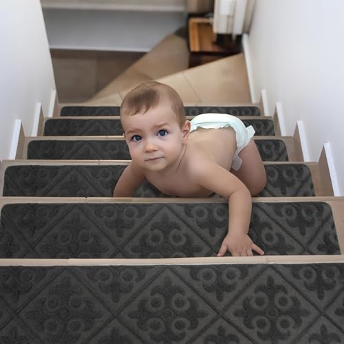 Spesh Textilfaser Stufenmatten 76x20 cm Treppenstufen Matten Anti-Rutsch Treppenteppich ideal für Holztreppen innen-15 Stück,Selbstklebend & Zuschneidbar(Grau Europäische Prägung)