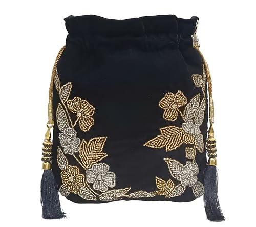 Image of Velvet Potli Bag with Golden & Silver Beaded Flower Embroidery - Handcrafted Ethnic Drawstring Bag for Weddings, Parties & Festive Gifts - Beaded Handle & Tassels for Women