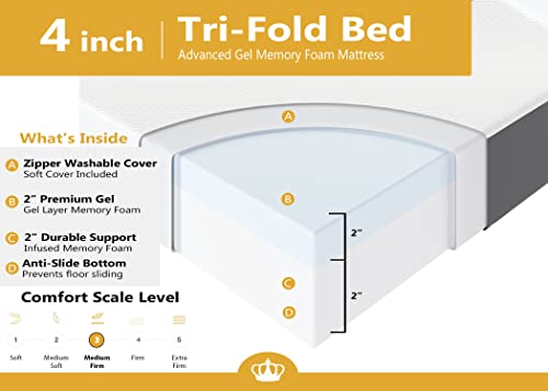 DynastyMattress Foldable Mattress Bed Gel Memory Foam, Trifold Mattress 4 Inch, Portable Topper & Washable Cover, Sofa, Couch, Guests, Camping, RV Traveling, Full Size - 52”x 74”x 4” (USA Made) - Thumbnail 2