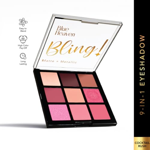 Image of Blue Heaven Bling 9 in 1 Eyeshadow Palette | Highly Pigmented and Easily Blendable Eye Makeup | Matte & Metallic Shades | Long Lasting and Lightweight | Cocktail Rush, 9g