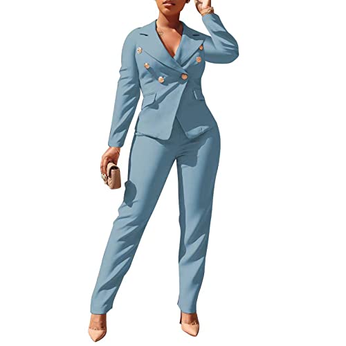 Women 2 Piece Outfits Suits Set Long Sleeve Button Blazer High Waisted Pants Jumpsuit For Business Work Sky Blue M #TOP29