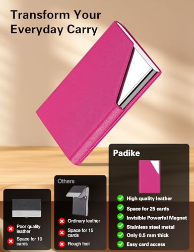 Image of Padike Business Card Holder, Upgraded Leather Business Card Case Pocket Card Holders for Men or Women, Metal Slim Name Card Holder RFID Blocking Business Card Carrier with Magnetic Closure (Rose red)