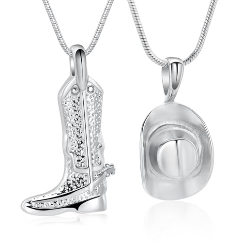 Hearbeingt Cremation Jewelry for Ashes 2 Pack Cowboy Boot & Hat Urn Pendant Necklace Memorial Ash Urn Jewelry for Women Men