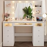 VQRhome White Vanity with Lighted 23.5” Mirror, Glass Top Vanity Desk with 9 Drawers & 3 Color Hollywood Bulbs & 4 Shelves & Acrylic & Power Outlet, Makeup Desk Dressing Table for Bedroom
