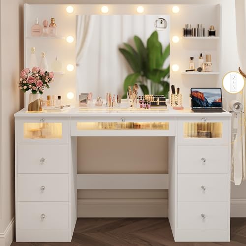 VQRhome White Vanity with Lighted 23.5&rdquo; Mirror, Glass Top Vanity Desk with 9 Drawers & 3 Color...