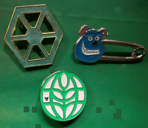 SET OF THREE DISNEY PINS. All maintained in excellent condition. The pins include a green Star Wars Confederacy of Independent Systems emblem, which is part of the Disney Star Wars Emblems Collection (PinPics #95459); a character safety pin style featurin