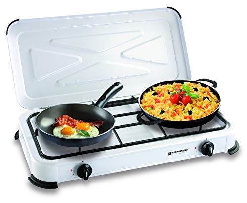 Réchaud gaz portable 2 feux 2600W Blanc laqué Couvercle Plaque de cuisson KEMPER