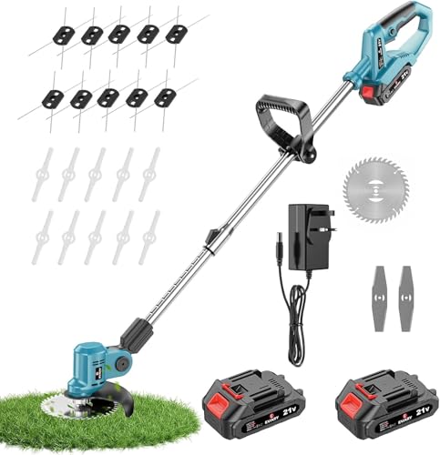 Grass Strimmer Cordless with 2 PCS 3.0Ah Battery and Charger Lightweight Garden Trimmers with 10 Steel Wire Replacement Spools, 10 Plastic Blades, 2 Metal Blades, 1 Saw Blade 1 Grass Strimmer Cordless with 2 PCS 3.0Ah Battery and Charger Lightweight Garden Trimmers with 10 Steel Wire Replacement Spools, 10 Plastic Blades, 2 Metal Blades, 1 Saw Blade