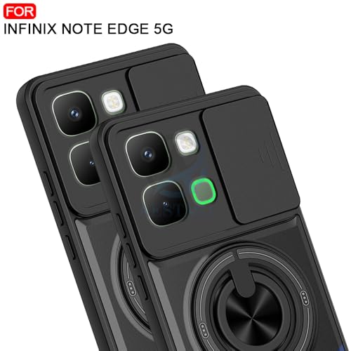 Image of AESTMO Infinix Note Edge 5G Back Cover | Armor Camera Slider 360 Degree Rotating Finger Ring Holder Case with Bracket Stand Back Case Cover (Compatible with MagSafe Accessories) (Black)