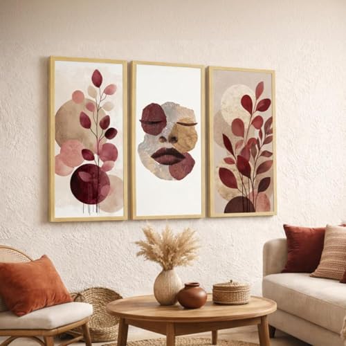 Image of PAINTINGMANTRA Abstract Botanical & Face Framed Wall Art Set of 3 | Modern Boho Wall Decor | Engineered Wood Frame Prints for Living Room, Bedroom & Office, 8.9x18.9 Inch