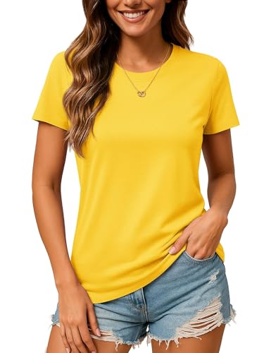 TACVASEN T Shirt Damen Sommer Baumwolle Shirt Rundhals Einfarbig Kurzarm Tshirts Lässig Oberteil Casual Tops Gelb S