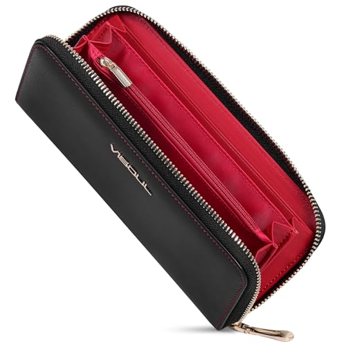 VISOUL Portafoglio Lungo da Uomo in Vera Pelle con Blocco RFID, Cerniera Portafoglio in Contanti di Grande Capacità con 8 Porta Carte di Credito Nero+Rosso