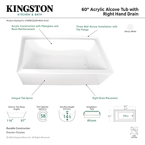 Kingston Brass VTAP603222R 60-Inch Acrylic 3-Wall Alcove Tub thumb #9
