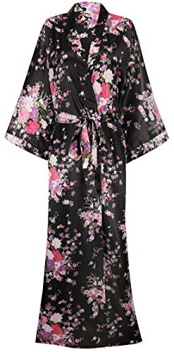 Women's Long Kimono Robes Silky Floral Bathrobe with Blossoms Printed Bridesmaid Wedding Nightgown Black