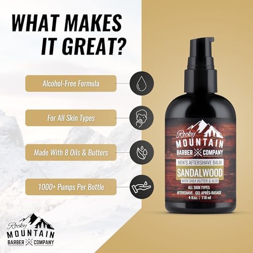 Aftershave Balm for Men – Made in Canada - With Sandalwood Essential Oil, Coconut Oil and Shea Butter – Applies Easily - 4 oz by Rocky Mountain Barber Company - 1