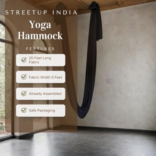 Image of Streetup India Lycra Fabric Aerial Swing /Yoga Hammock With 20 Feet Long Fabric With Carabiner and Ring (Black)