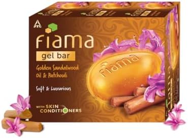 Fiama Gel Bathing Bar Golden Sandalwood Oil and Patchouli with Skin Conditioners for Moisturized, Soft and Luxurious Skin, 375g (125g - Pack of 3), Soap for Women & Men, For All Skin Types