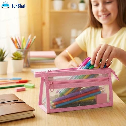 Image of FunBlast Pen Pencil Case, Transparent Pencil Pouch with Zipper Closure Portable Clear Makeup Pouch, Large Capacity Pencil Bag, Stationery Bag for Students Girls Adults Office (Pink-)