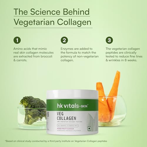 Image of hk vitals Veg Collagen Supplement Powder (Mixed Fruit, 100g) | Collagen Peptides with Vitamin C, E | For Healthy Skin, Hair & Nails