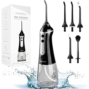 TUREWELL FC1591 Oral monddouche, draadloos, elektrisch met 3 modi en 5 sproeiers, waterflosser IPX7 waterdicht, USB opladen, 300 ml, oral irrigator waterflosser tandreiniger voor thuis en op reis