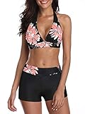Two Piece Swimsuit for Women with Boy Shorts - Swimming Suits Modest Bathing Suits High Waisted Bikini Set Pink Flower 8-10