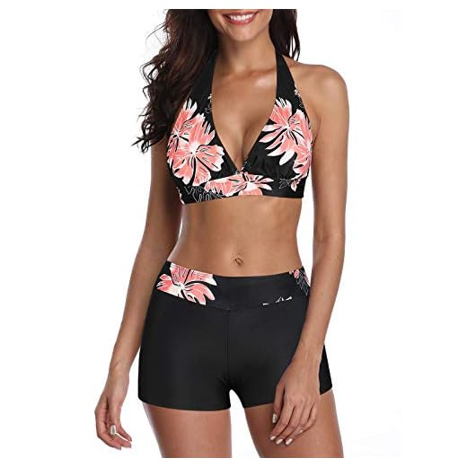 Century Star Women's Two Piece Swimsuit Halter Printed Top with Boyshort Bottoms Fashion Bathing Suit Pink Flower 6-8