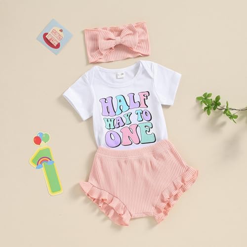 Baby Girl Half Birthday Outfit Half Way to One Short Sleeve Romper Ruffle Shorts Set Infant Summer Clothes Headband2