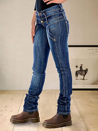 Flamingals Straight Leg Jeans for Women Mid Rise Causal Layered Waist Wash Stitch Detail Jeans2