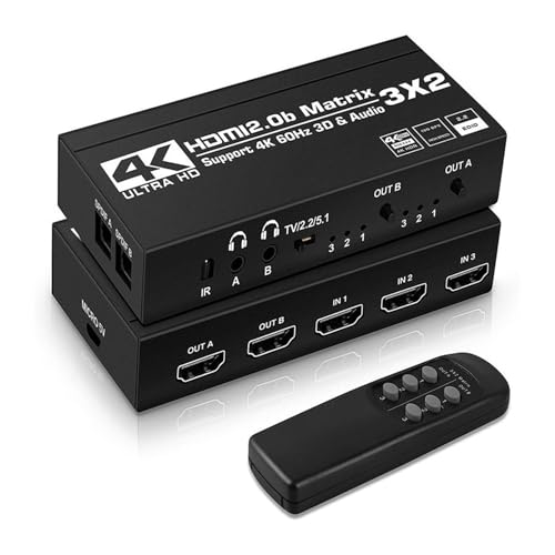 Matrice HDMI 2.0 Switch 3x2 4K 60Hz avec extracteur audio SPDIF RCA et fonction ARC