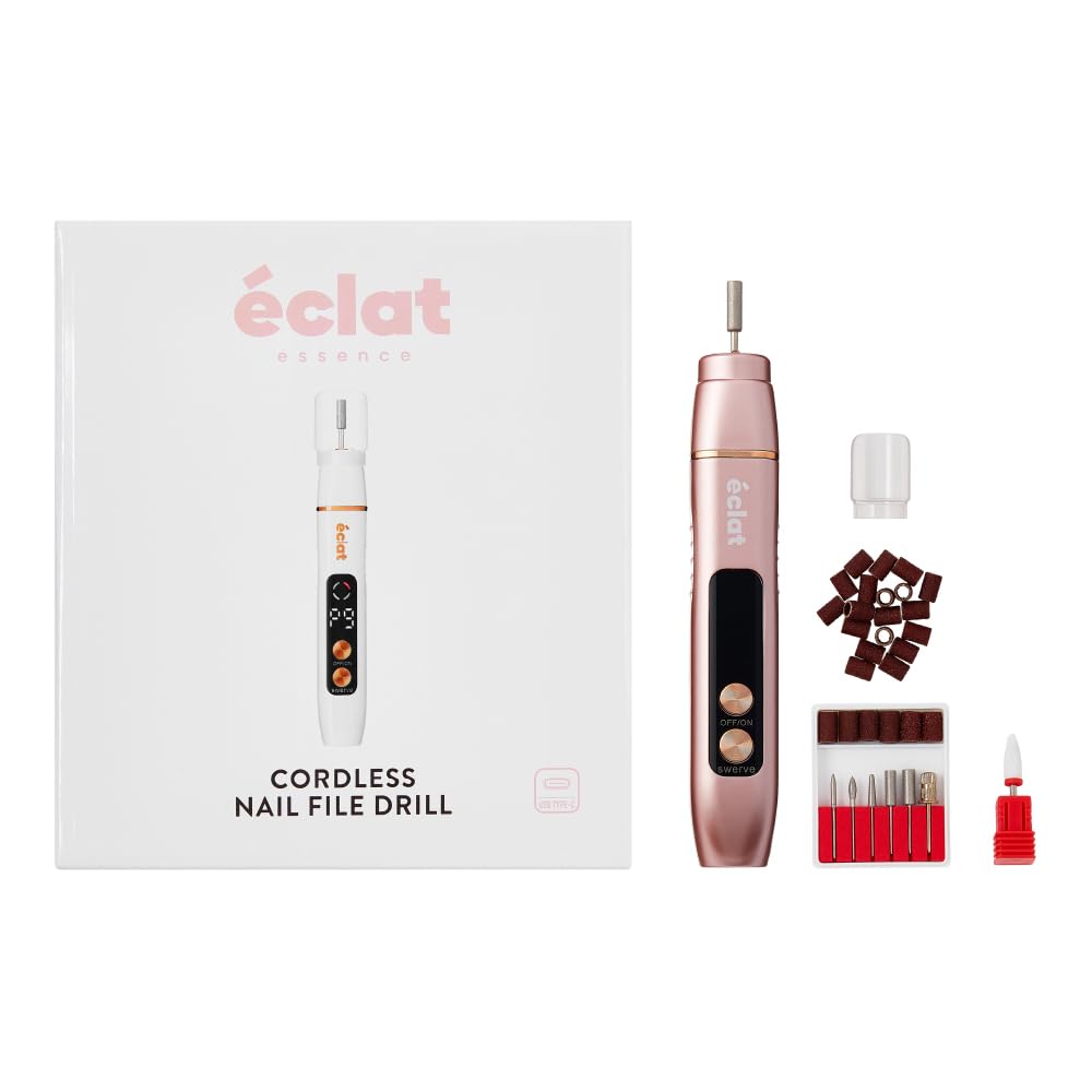 Éclat Cordless Nail Drill Electric File, Professional Efile for Acrylic, Gel, Dip Powder, Portable & Rechargeable Manicure Pedicure Set with LED Light, 7 Drill Bits, Sanding Bands, Brush (Rose Gold)