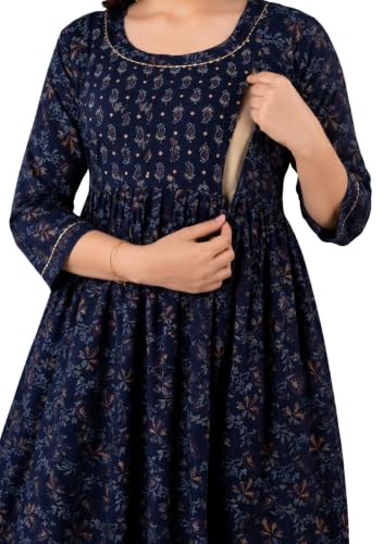 Image of Amazon Brand - Tavasya Women Botanical Floral Printed Maternity Midi Dress | Round Neck | 3 /4 Ruffle Sleeves | Concealed Feeding Zip | Gathered Tiered Nursing Dress
