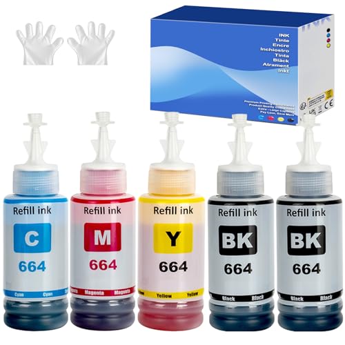 SHUOLEI 664 Tinta Compatible con Epson 664 Cartucho de Tinta Multipack para ET-2500 ET-2550 ET-2600 ET-2650 ET- 3600 ET-4500 ET-4550 ET-14000 ET-15000 ET-16500 L100 L110 L200 L210 L350 L355(5-Pack)