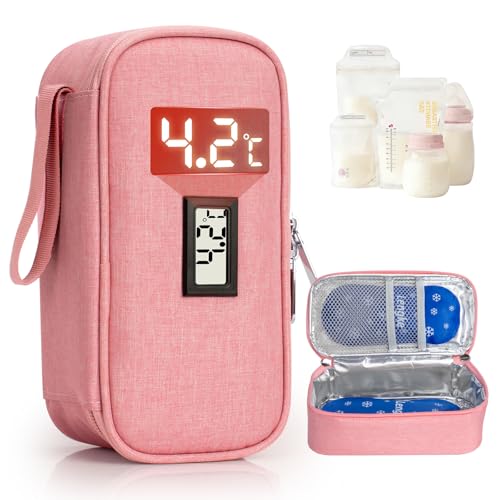 Leng Ke Breastmilk Cooler Bag - Breast Milk Cooler Travel Bag with Temperature Display Insulated Breastmilk Cooler Bag for Travel Breastmilk Storage Bag for Daycare Travel Nursing Mom (Pink)