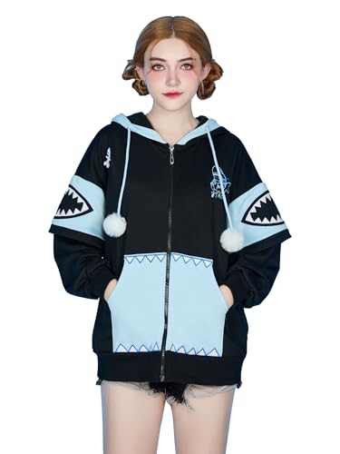 Micotaku DiDizzy Shark-Kitten Black and Blue Paw Hoodie - Womens Daily Wear Shark Kitten Hoodie