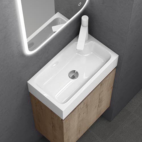 doporro Badmöbel Set Waschtisch mit Unterschrank Waschbecken-Unterschrank für Gäste-WC 46cm in Eiche Greige Design Waschplatz Wandmontage Pisa 02