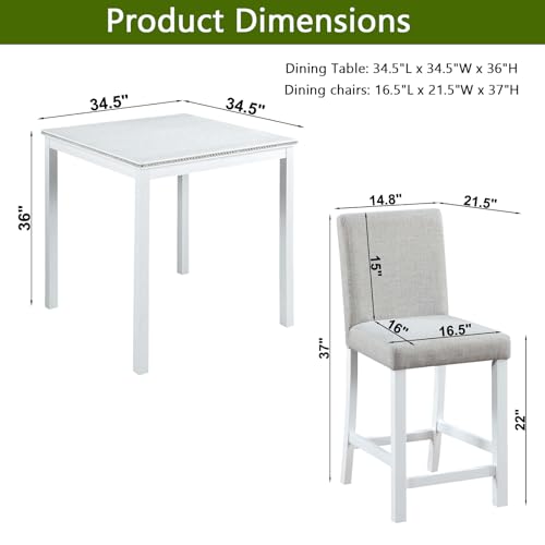 Image of KEIKI 5-Piece Counter Height Dining Table Set with Square Table and 4 Upholstered Chair, for 4 Person, Modern Style Crystal Decoration Wooden Table Set, Easy Assembly, for Kitchen, Dining Room,White