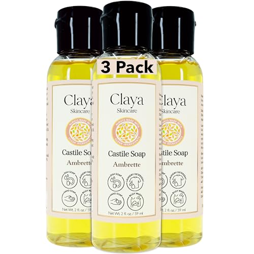 Image of Claya Ambrette Liquid Castile Soap - Organic Ingredients, Biodegradable, Gentle for Sensitive Skin, Versatile Use and Travel Size (3 Pack of 2 fl oz)