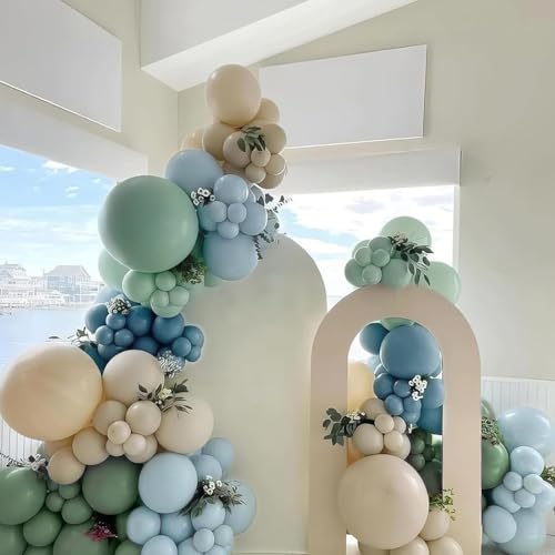 Image of Dusty Blue Sage Green Balloon Arch Kit 139Pcs Fog Blue Pastel Green White Sand Balloons for Baby Shower Birthday Jungle Safari One Silly Goose Theme Wedding Bride Party Decorations for Boy Girl Adult