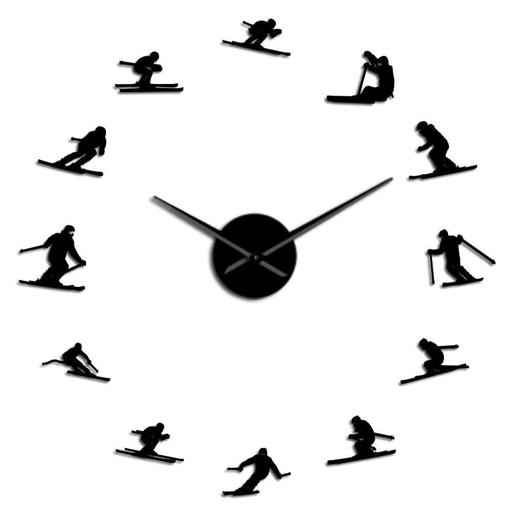 Horloge murale ski acrylique 3D 47" miroir noir au fini luxueux et moderne