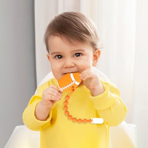 Image of Baby Food Grade Silicone Sport Ball Teether Toy with Pacifier Clip Holder,Teething Pain Relief Toys Gift Set for 3 Months+ Boys and Girls,Freezer Safe,BPA Free. (American Football)