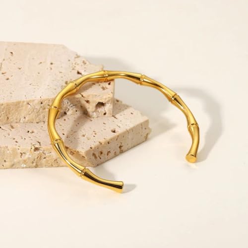 Image of Bamboo Pattern Bracelet for Women | Premium Gold Plated Cuff Bracelet | Minimalist Designer Jewellery for Daily & Party | Gift for Her