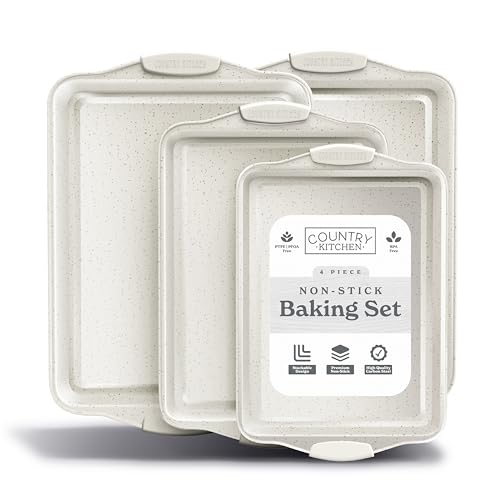 Country Kitchen Nonstick Stackable Bakeware Set - Heavy Duty, Durable, Easy Release Baking Set, Cream, 4 Pcs