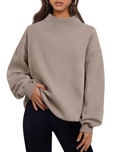 Trendy Queen Womens Oversized Sweatshirts Mock Neck Pullover Long Sleeve Hoodies Tops Fall Fashion Outfits 2026 Clothes CoffeeGrey M