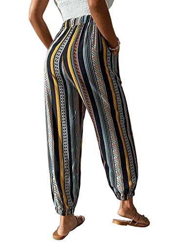 SweatyRocks Women's Boho High Elastic Waist Tie Front Striped Print Pants with Pocket2