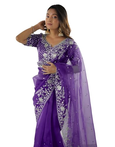 Image of SIRIL Women's Organza Sequence Embroidery Saree With Unstitched Blouse Piece