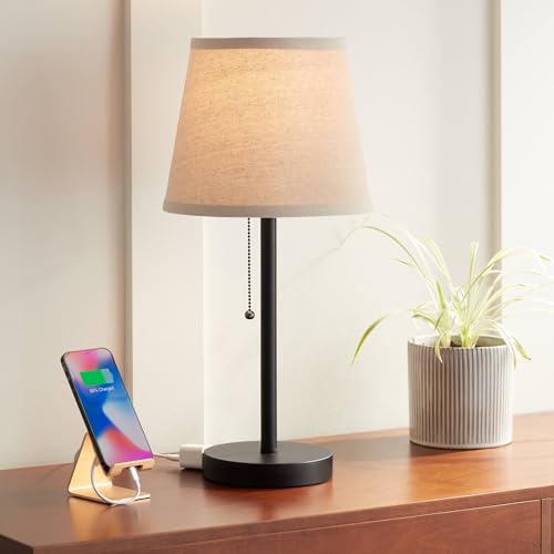 360 Lighting Flesner 20' High Modern Desk Table Lamp with USB Charging Ports A+C and AC Power Outlet in Base Bronze Metal Oatmeal Drum Shade for Living Room Bedroom House Bedside Nightstand Home