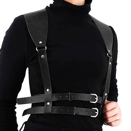 Men's Trendy Gothic Punk Vintage Adjustable Two-Row Button PU Bondage Waist Strap with Belt - Perfect for Outerwear(Black and Brown)