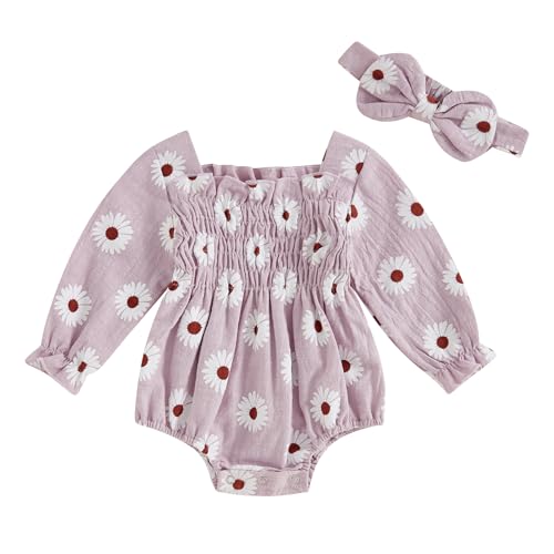 Image of ZAXARRA Infant Baby Girl Romper Flowers Baby Long Sleeve Romper Fall Winter Festival Clothes with Headband (Purple, 3-6 Months)