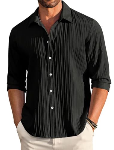 Image of FINIVO FASHION Men's Casual Cotton Plain Button Down Shirt Long Sleeve Textured Summer Beach Shirt for Men